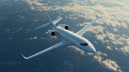 Fototapeta premium A modern jet glides effortlessly above the clouds, showcasing its streamlined design against a backdrop of serene blue skies. This flight captures a moment of tranquility