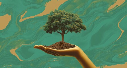 Hand holding sapling, abstract background, environmental concept