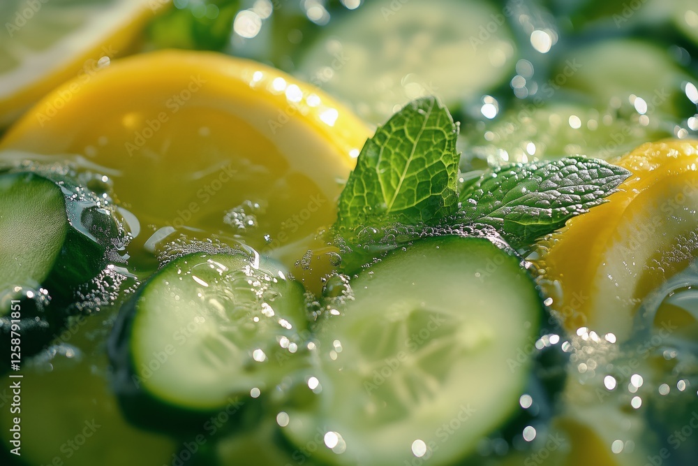 Poster refreshing drink with cucumber and lemon slices garnished with mint in sparkling water