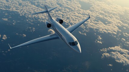 Fototapeta premium A sleek business jet glides gracefully through the sky at sunset, surrounded by fluffy clouds, highlighting the freedom and luxury of air travel
