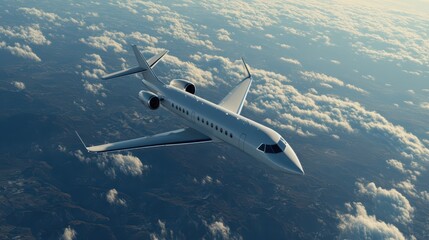 Fototapeta premium A private jet glides effortlessly above fluffy clouds in a clear blue sky. The aircraft reflects modern design and luxury, emphasizing exclusive travel experiences from above
