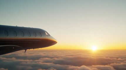 A close-up of a jet's wing as the sun sets on the horizon, casting a warm glow over soft clouds. The peaceful ambiance suggests a serene flight experience