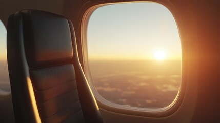 A tranquil morning unfolds as a vibrant sunrise fills the sky, viewed through an airplane window. The empty seat beside offers a sense of solitude and adventure