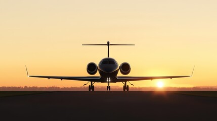 A sleek jet is positioned on the runway during sunset, with orange and pink hues filling the sky. The silhouette of the aircraft contrasts beautifully against the fading light