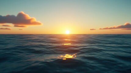 Fototapeta premium A breathtaking sunset unfolds over serene ocean waters, illuminating the sky with warm hues. Gentle waves reflect the golden light, creating a tranquil atmosphere
