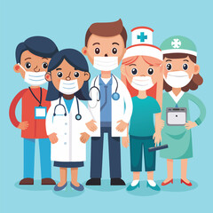 Set of smiling doctors, nurses and paramedics. Portraits of male and female medic workers in uniform with stethoscopes, masks and gloves. Flat cartoon vector illustration isolated on white background