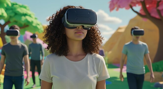Woman wearing virtual reality headset in colorful digital world. Metaverse experience with diverse avatars. VR technology for social interaction and gaming concept.