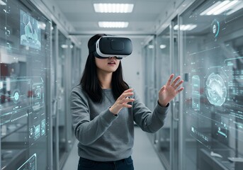 Woman using virtual reality headset in futuristic data center. Immersive technology for cybersecurity, digital analytics, and metaverse exploration in high-tech environment
