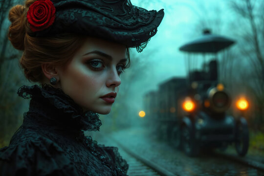 Mysterious Victorian Lady Beside a Foggy Steam Train