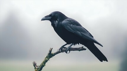 Fototapeta premium Pixelated Raven Perched On Branch In Misty Forest
