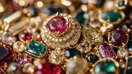 A Luxurious Collection of Sparkling Gemstones and Precious Jewels:  Radiant Rubies, Emeralds, and Diamonds in Golden Settings