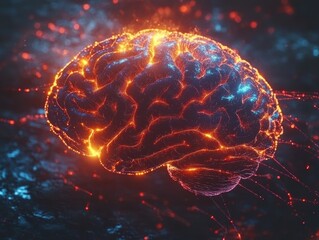 Obraz premium Glowing digital brain with neural connections and fiery energy.