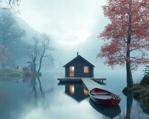 Peaceful lake cabin at dawn. AI.