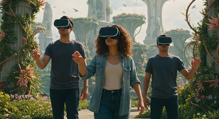 Friends exploring lush virtual world with VR headsets. Metaverse experience in futuristic garden. Digital nature immersion for entertainment and education. Diverse group
