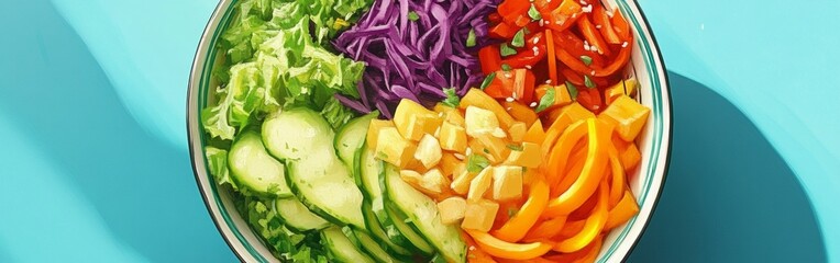 This vibrant vegan Buddha bowl showcases a variety of fresh vegetables, including lettuce, cucumbers, and colorful bell peppers neatly arranged in an artistic design, perfect for a healthy meal