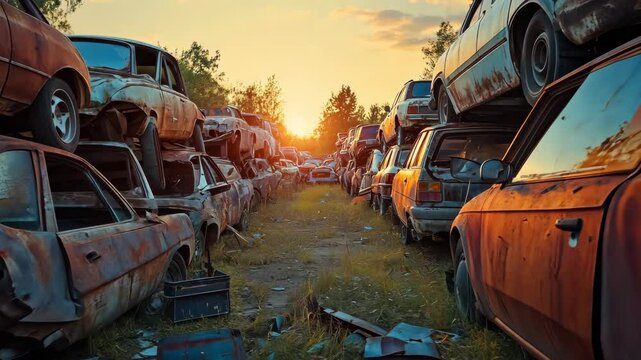 A junkyard filled with old rusty automobiles lined up in rows at sunset