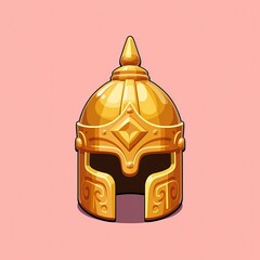 Fototapeta premium An ornate image of a gold helmet with intricate carvings. The background is a pastel pink color, adding depth and contrast.