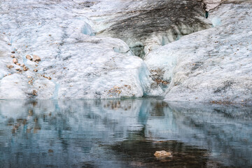 Glacial Ice Cliffs Reflecting in Calm Meltwater Pool – Zugspitze, Germany