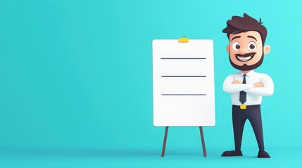 A cheerful cartoon character in a suit stands next to a blank whiteboard, ready to present ideas or information in a vibrant workspace. The background is bright blue