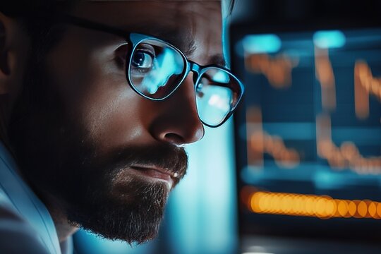 Serious business man trader analyst looking at computer monitor, investor broker analyzing indexes, financial chart trading online investment data on cryptocurrency stock market graph on pc screen.