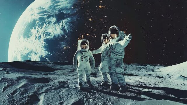 Three astronauts joyfully explore the moons surface while admiring the mesmerizing view of Earth, showcasing the beauty of space