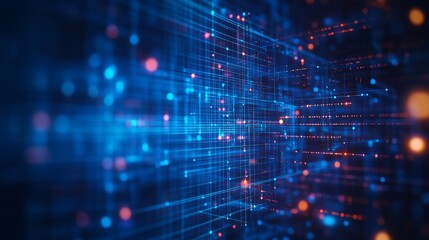 Abstract background featuring virtual healthcare symbols in a blue digital space, emphasizing medical technology themes