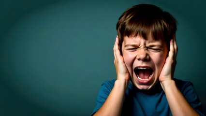 A portrait of a dark-haired boy screaming and covering his ears with both hands, on dark green background with empty space for text on the left, for banners, cards or messages