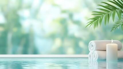 Obraz premium Soft towels are neatly stacked by a serene pool, accompanied by a flickering candle. The tranquil atmosphere is enhanced by the lush greenery in the background