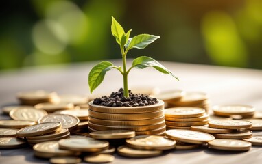 A small green plant sprouting from a pile of golden coins, symbolizing financial growth, investment, prosperity, and economic success.
