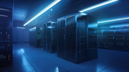 A modern data center with illuminated server racks in a blue-lit environment, highlighting advanced digital technology and secure network infrastructure. Ideal for cybersecurity, cloud computing