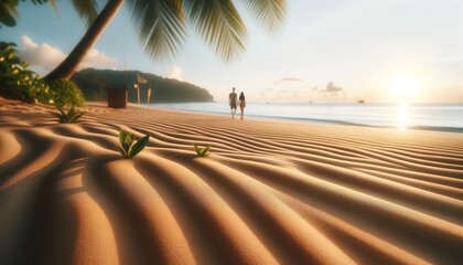 vacation on the beach by the sea, a couple in love, a man and a woman, on the seashore among tropical plants on a sunny day