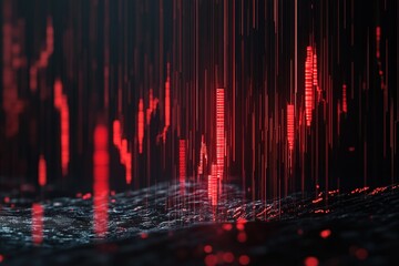 Perspective view of stock market crash and economy crisis concept with red falling down digital financial chart candlestick and diagram on dark background with stock market indicators. 3D rendering