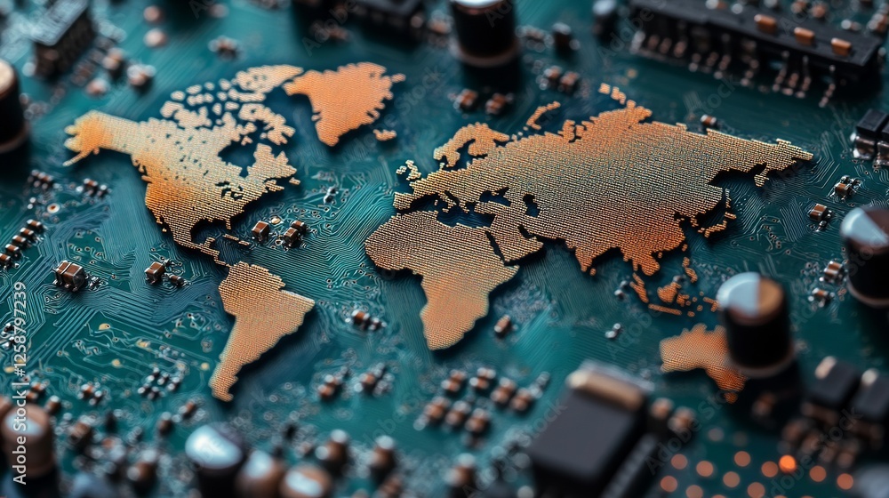 Poster this close-up image shows a detailed world map on a computer board. suitable for technology, global 