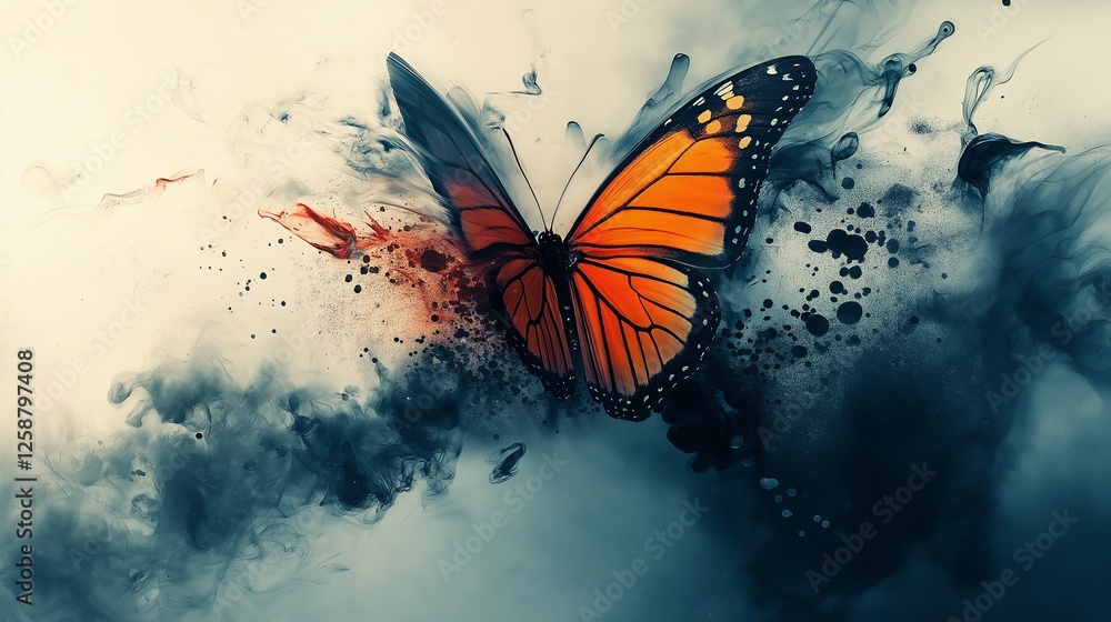 Aufkleber An abstract rendition of a butterfly emerging from an explosion of ink splashes