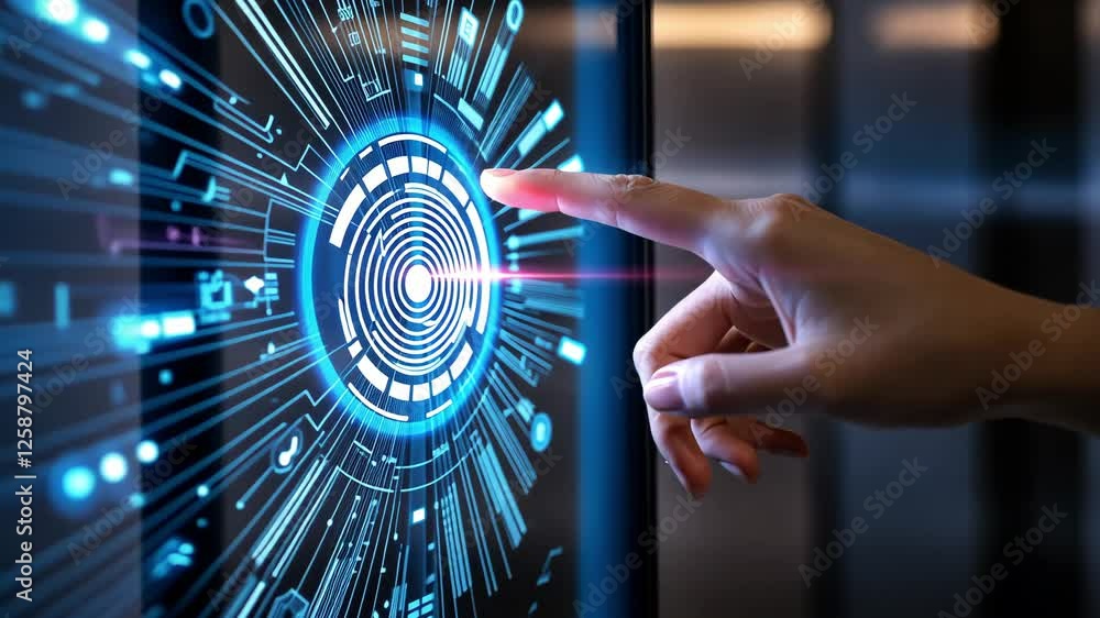 Poster a hand interacts with a cutting edge touch interface that radiates light, demonstrating the future o
