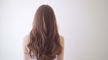 Fototapeta premium A person is shown from the back, highlighting long, wavy brown hair. The background is plain white, emphasizing the hair's texture and style in a well-lit environment