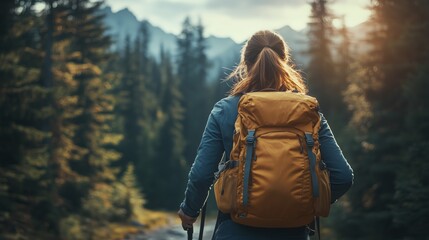 Hiker with backpack exploring forest trail in mountains during golden hour