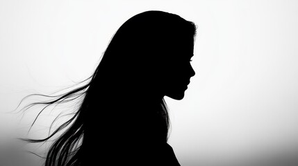 A woman is captured in silhouette, her long hair gently flowing, set against a soft, bright backdrop. The composition creates a tranquil and introspective atmosphere