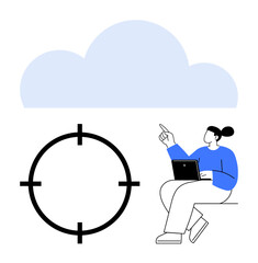 Person holding laptop and pointing at large blue cloud above a black targeting icon. Ideal for cloud computing, data storage, digital marketing, business strategies, technology, online services