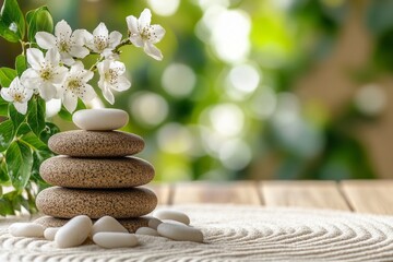 Zen Garden with Stones and Flowers for Mindfulness and Peace