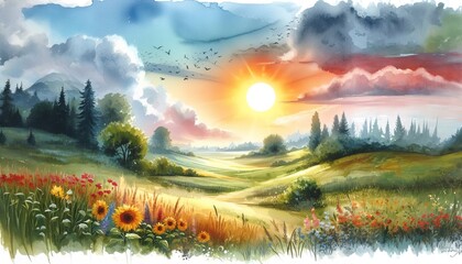 picturesque summer landscape with a field covered with vegetation and flowers and a picturesque sky at sunset