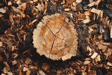 Close-Up of Tree Stump Surrounded by Fallen Branches and Wood Chips