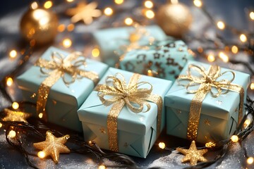 Elegant Teal Christmas Gifts with Gold Ribbon and Lights