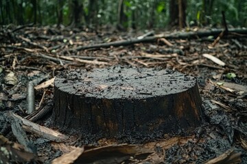 Fototapeta premium Close-Up View of Tree Stump Surrounded by Fallen Branches and Leaves
