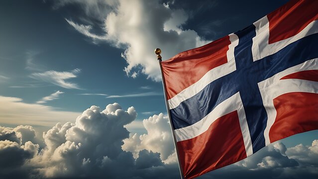 Norwegian flag on blue sky background, Norway flag, Scandinavia contry