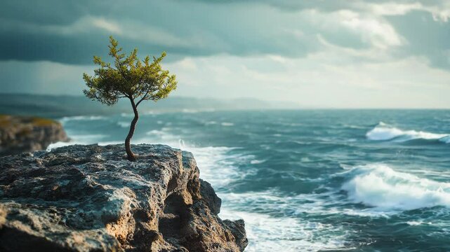 Small tree growing on a rocky cliff overlooking a stormy ocean; symbolizes resilience; dramatic sky with dark clouds and stormy waves; coastal landscape; nature scene; strong, resilient spirit;