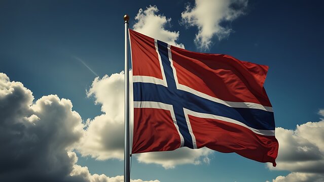 Norwegian flag on blue sky background, Norway flag, Scandinavia contry