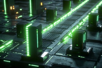 Futuristic digital circuit board with neon lines and 3d microchips in cinematic perspective