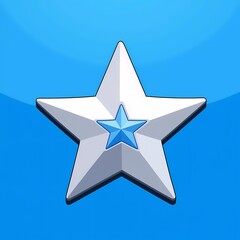 Obraz premium An shiny image of a silver star with a painted logo. The background is a sky blue color, adding depth and contrast.
