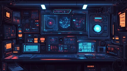Obraz premium Futuristic control room with many screens and devices.